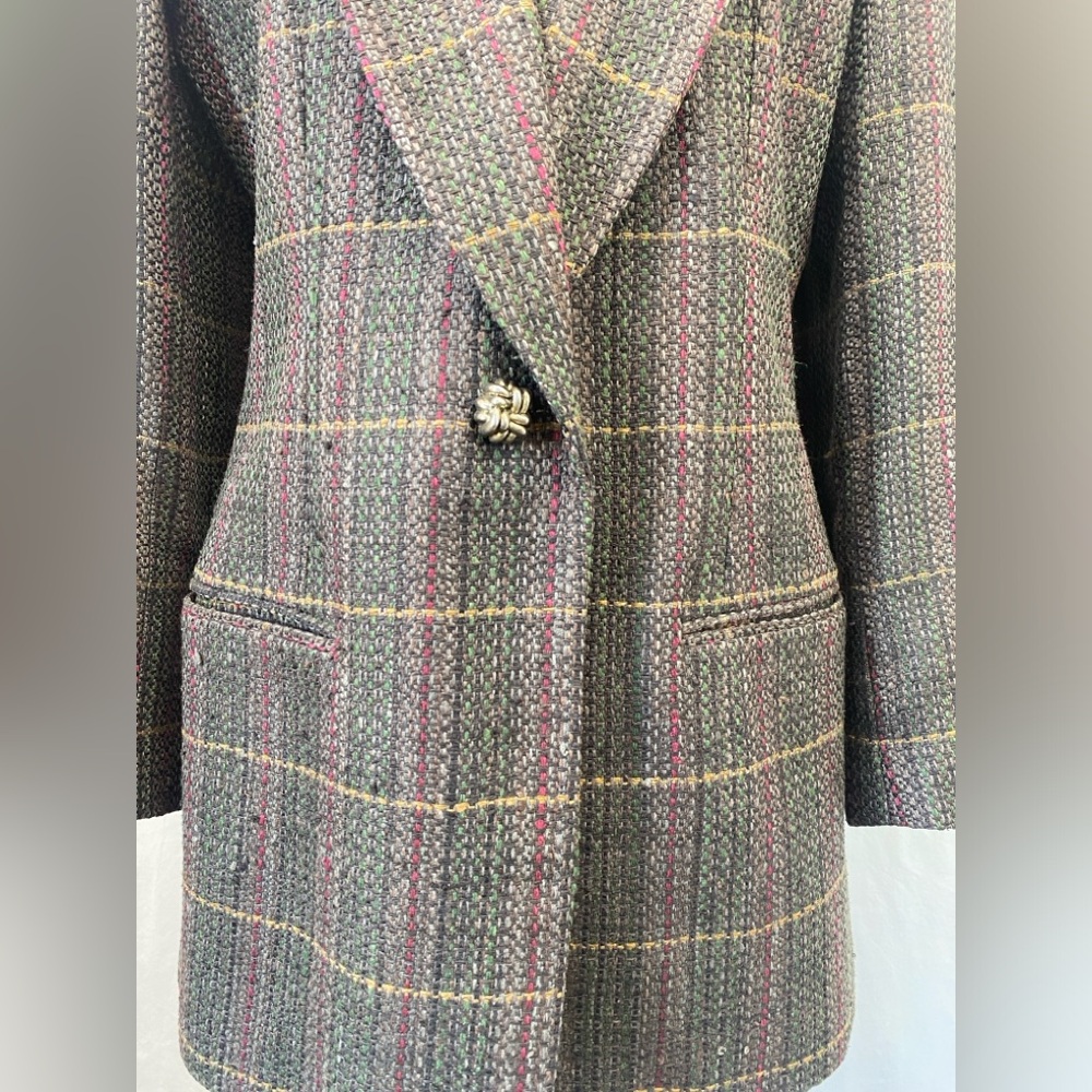 Doncaster Vintage 80s 100% Silk Brown Tweed Multicolor Plaid Longline Blazer 8 - Picture 11 of 17